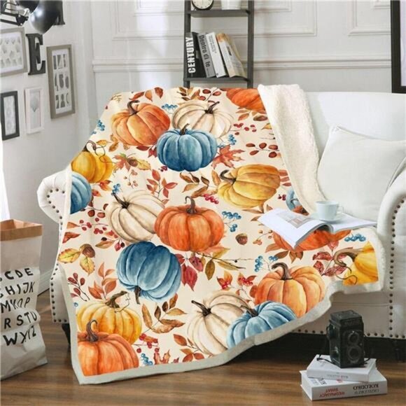 Fall Pumpkins Throw Blanket - Cozy Autumn Fleece, 40"x50" for Couch, Bed‎ & Dorm - Picture 1 of 6